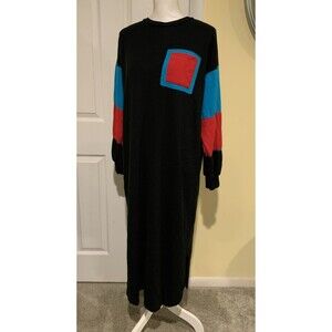 Appel Vintage Womens M USA Pajama L/S Long Sleep Shirt Nightgown Black Pocket